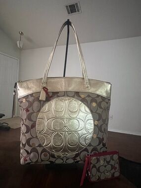Coach Khaki Signature Tote with Metallic Gold Trim and Red Accent Wristlet